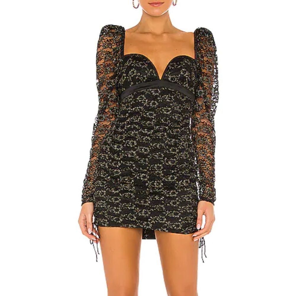 For Love & Lemons Joanna Lace Mini Dress in Gold / Black Large